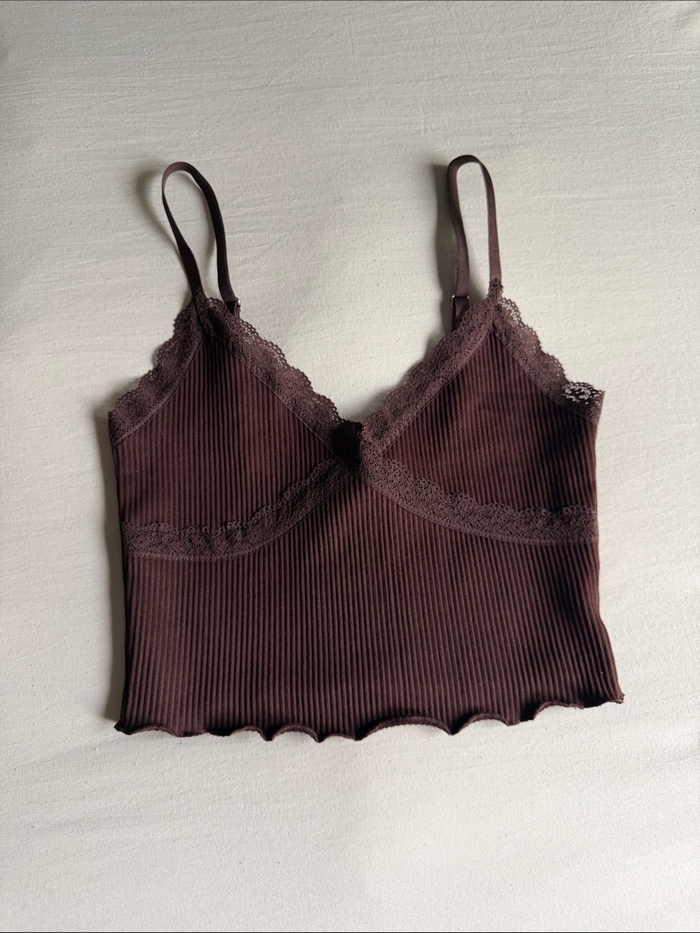 Lace-Trim Ribbed Cami Tank Top - Brown